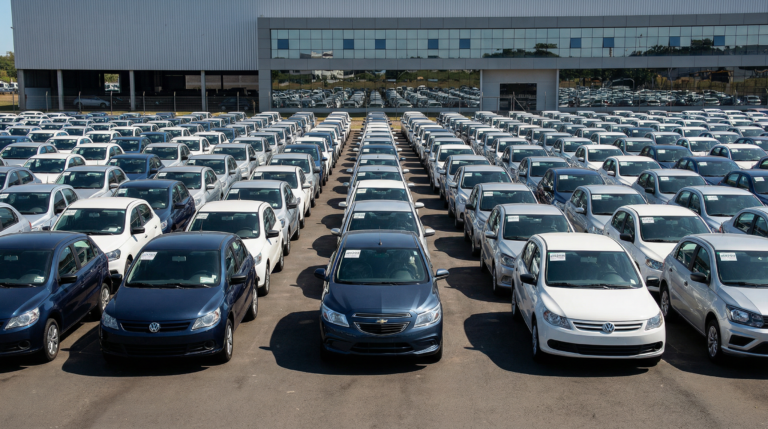 Pátio de leilão de veículos no Brasil, com carros enfileirados e ambiente profissional.