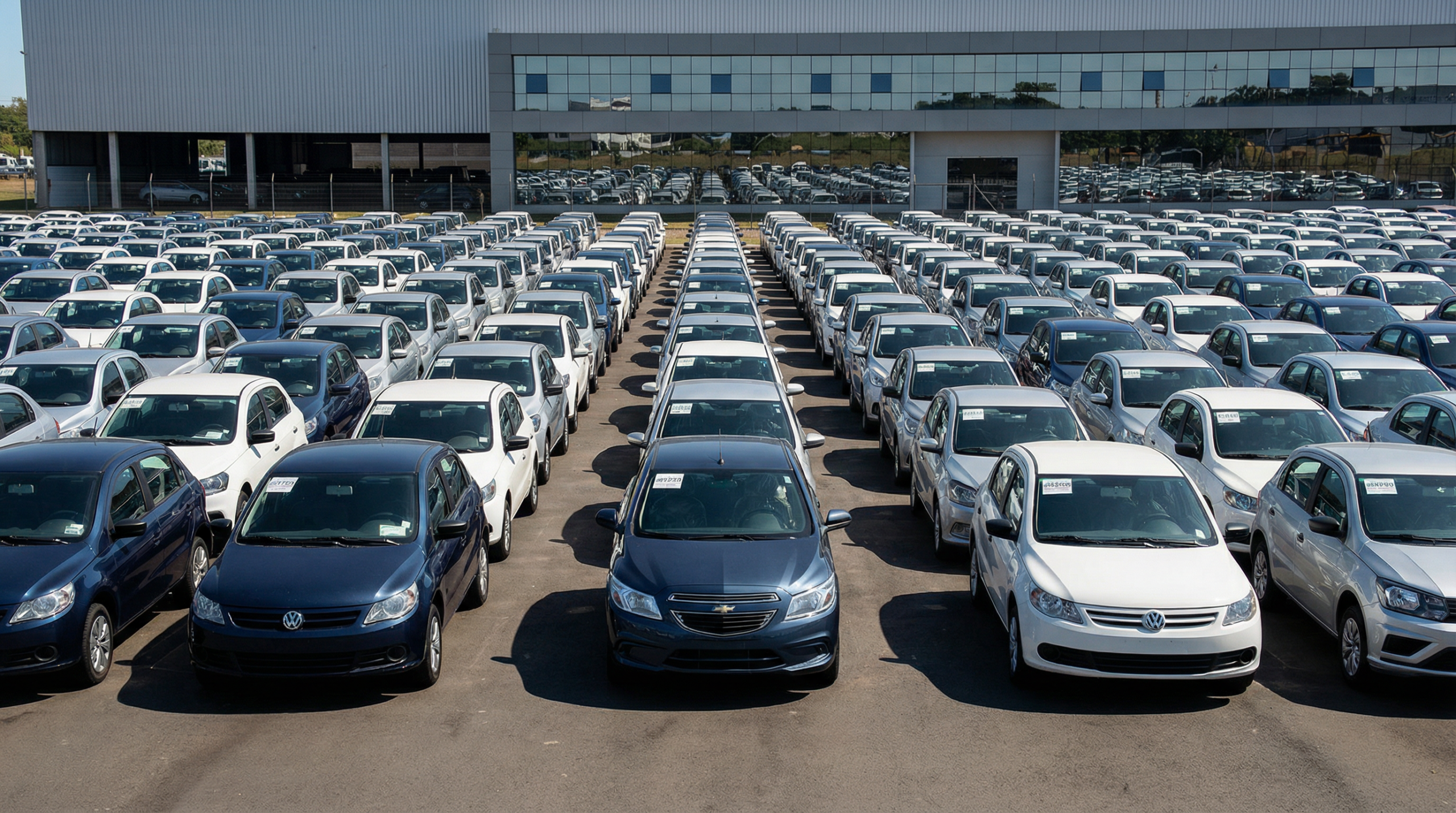 Pátio de leilão de veículos no Brasil, com carros enfileirados e ambiente profissional.