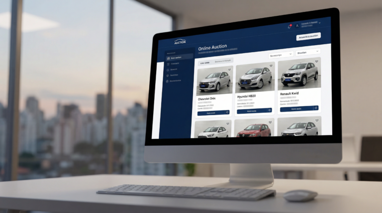 Interface de um leilão de carros online exibida em um computador em um escritório moderno.