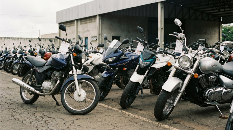 Fileira de motos em um pátio de leilão no Brasil, com etiquetas de identificação.