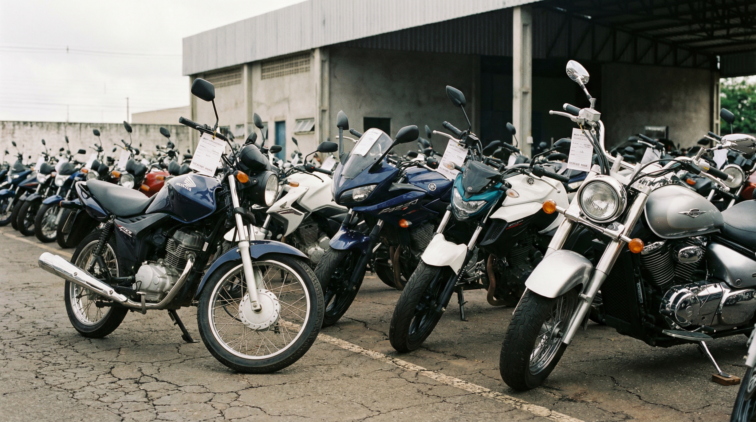 Fileira de motos em um pátio de leilão no Brasil, com etiquetas de identificação.