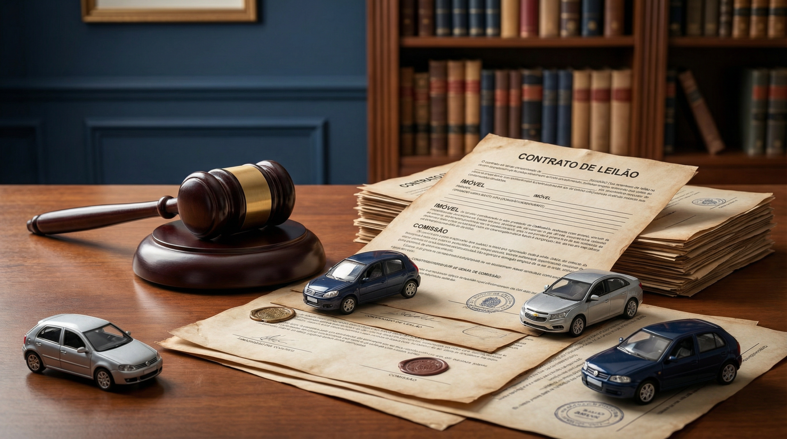 Martelo de leiloeiro sobre mesa com documentos e miniaturas de carros, representando os tipos de leilão de veículos.