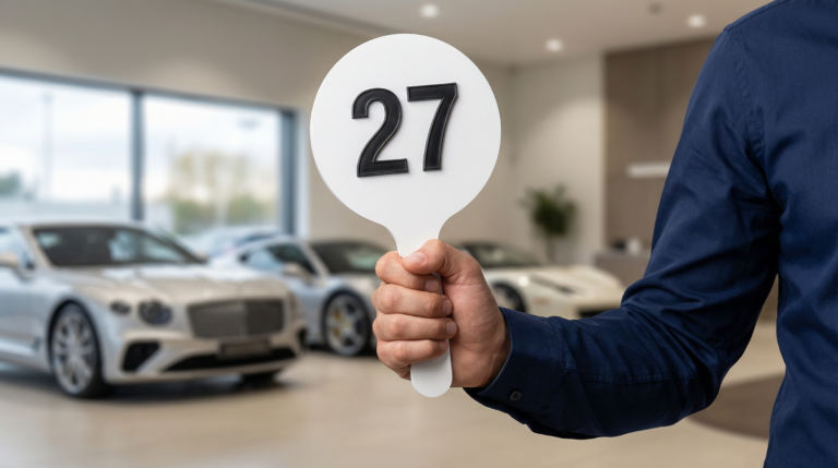 Mão segurando uma placa de lance em um leilão de veículos, com carros ao fundo.