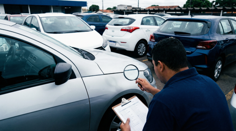 Pessoa examinando um carro com uma lupa em um pátio de leilão.