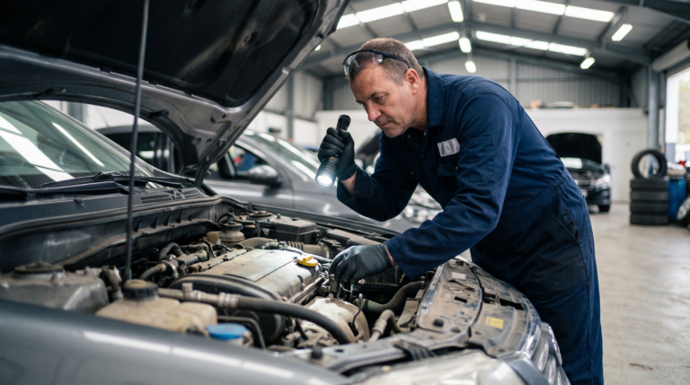Mecânico profissional inspecionando o motor de um carro com uma lanterna em um pátio de leilão no Brasil.
