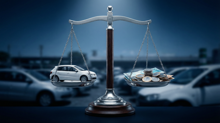 Balança equilibrando um carro e dinheiro, representando o custo-benefício de comprar carro em leilão.