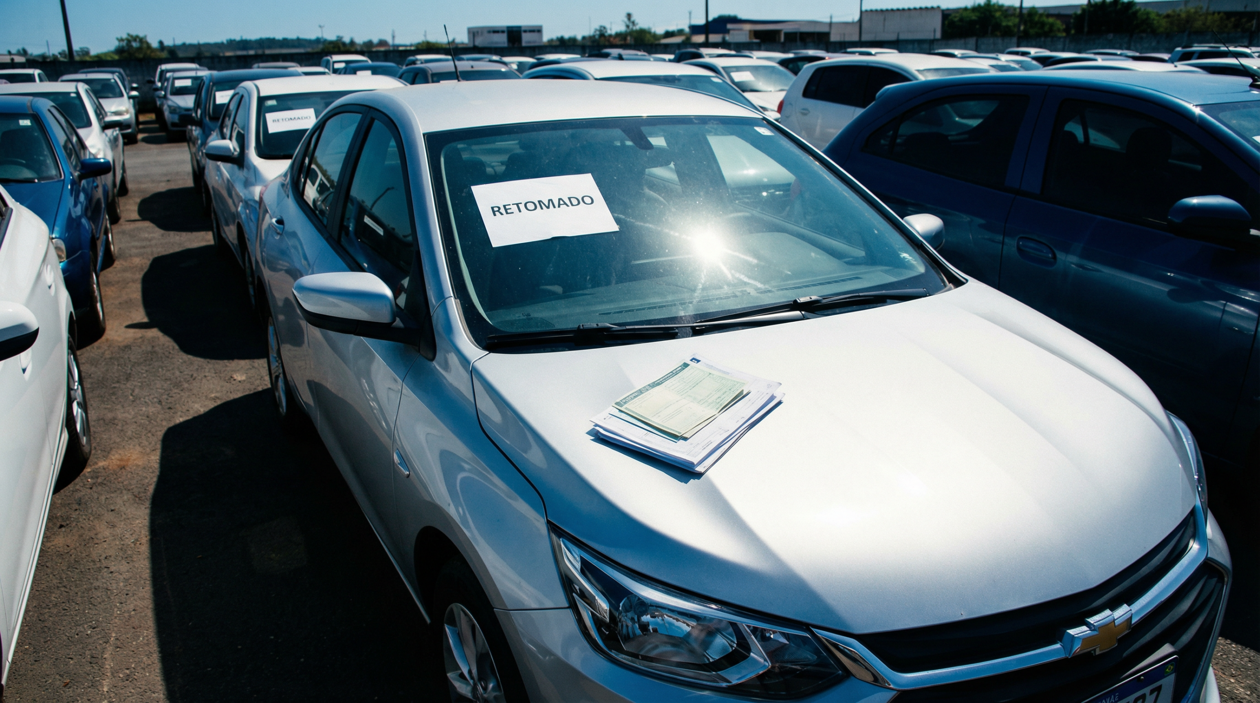 Carro sedan prata em pátio de leilão com placa de 'RETOMADO' e documentos no capô.