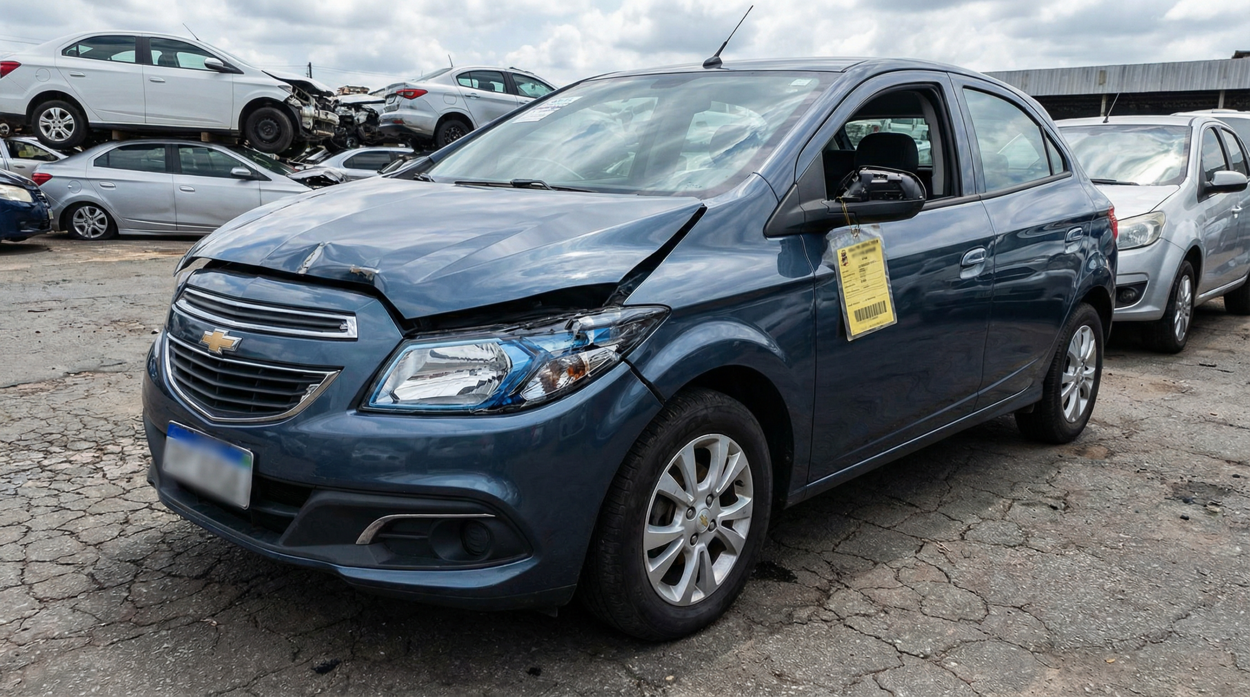 Imagem fotorrealista de um carro danificado em um pátio de leilão no Brasil, com etiqueta de classificação.