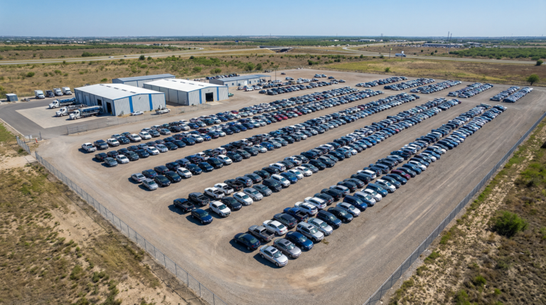 Vista aérea de um pátio de leilões de carros da Copart no Brasil, com centenas de veículos organizados em fileiras.