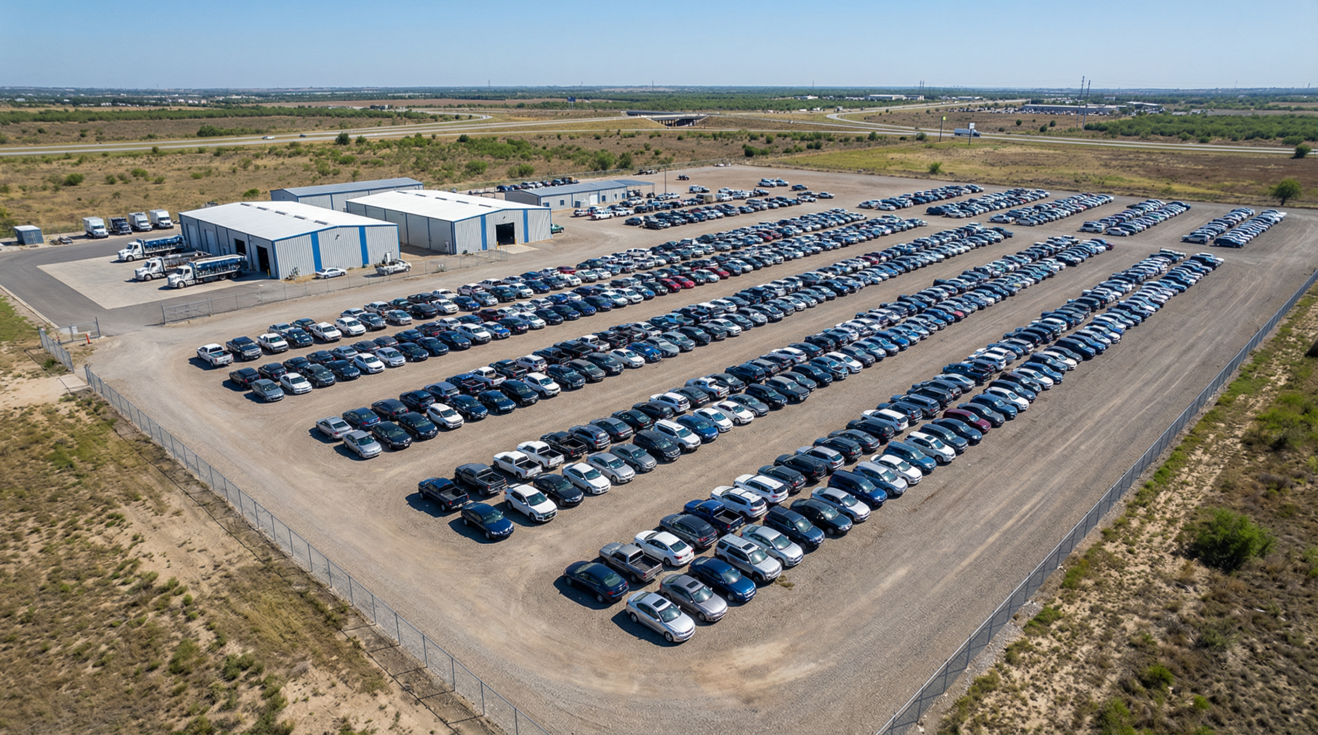 Vista aérea de um pátio de leilões de carros da Copart no Brasil, com centenas de veículos organizados em fileiras.