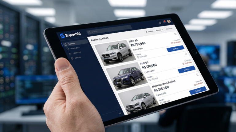 Interface da plataforma de leilões Superbid sendo exibida em um tablet, com foco nos carros.