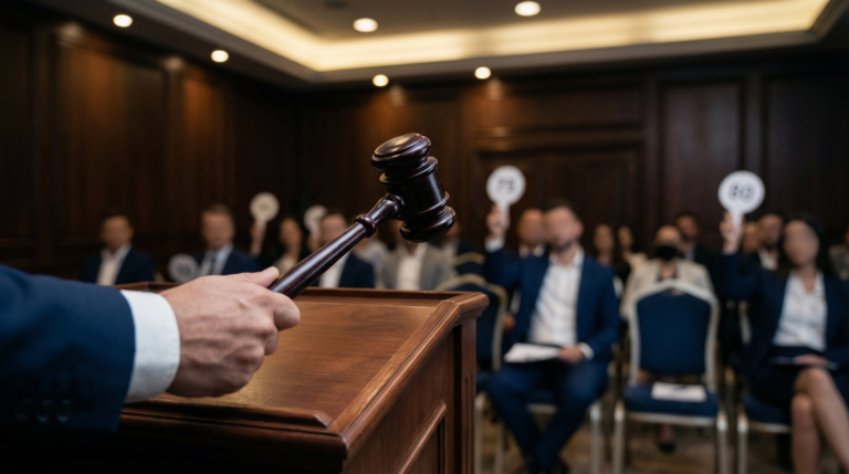 Leilão presencial com martelo em destaque, público desfocado ao fundo.