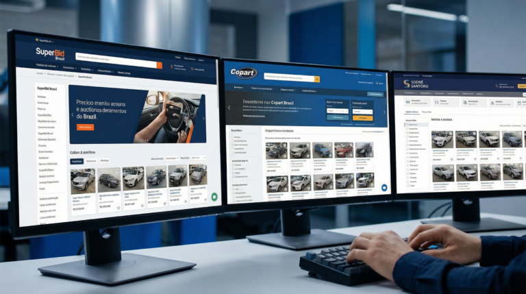Múltiplas telas de computador exibindo sites de leilão de veículos no Brasil em um ambiente profissional.