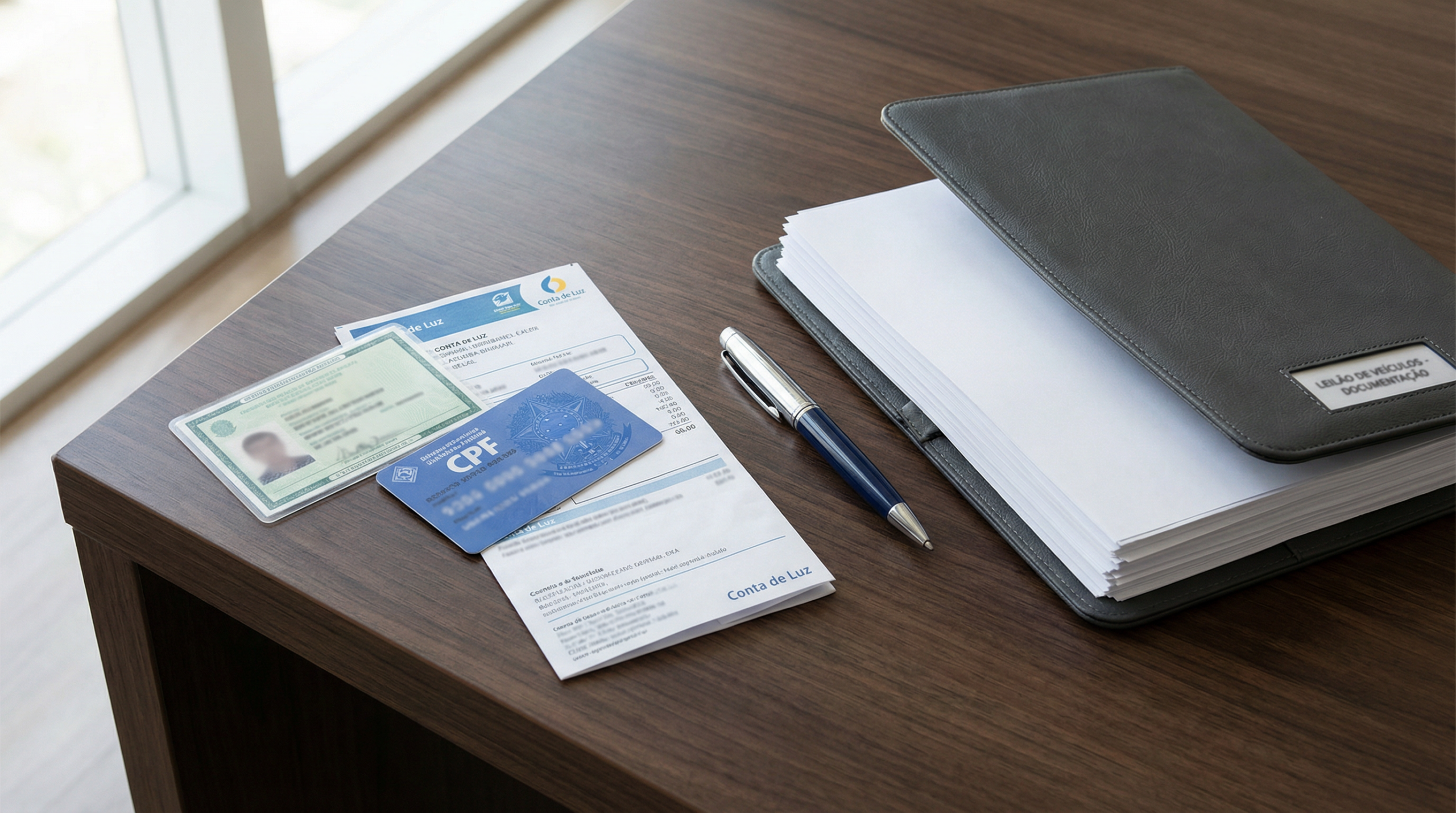 Imagem profissional de uma mesa com documentos brasileiros (RG, CPF), caneta e pasta, para um artigo sobre documentação em leilão de veículos.