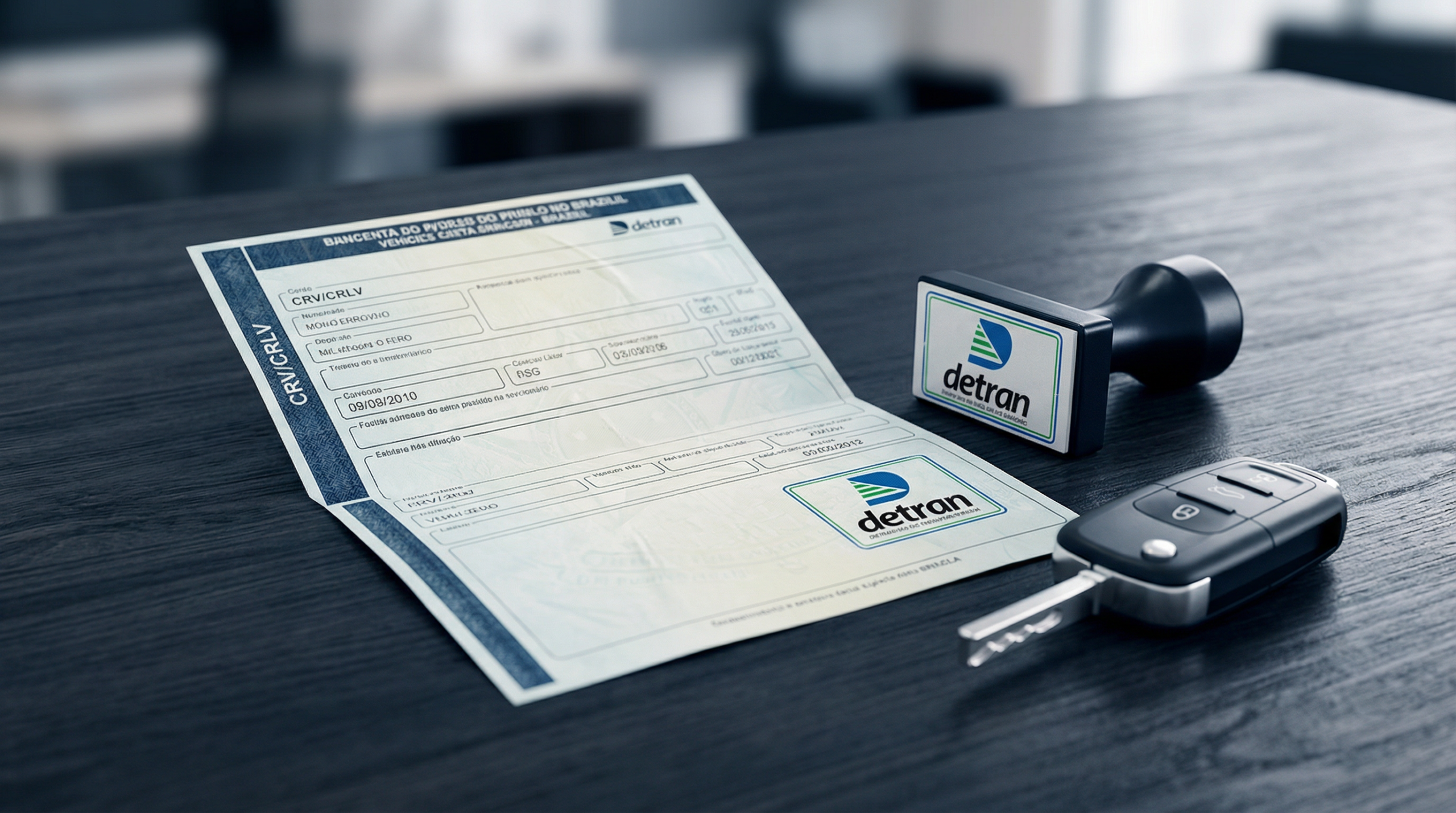Documento de transferência de veículo (CRV/CRLV), chaves e carimbo do Detran sobre uma mesa.