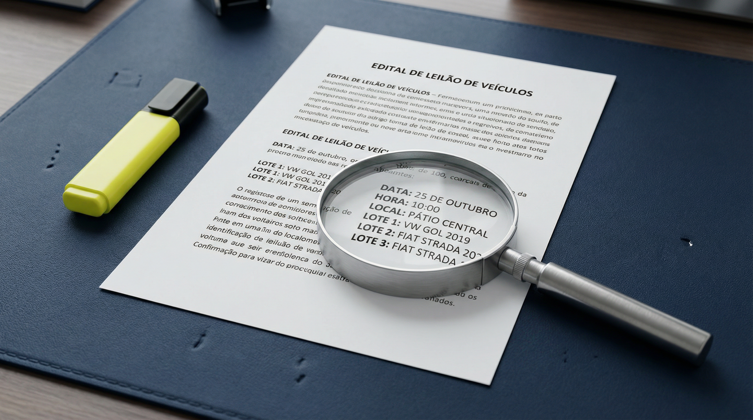 Edital de leilão de veículos com uma lupa sobre o texto, em uma mesa de escritório.