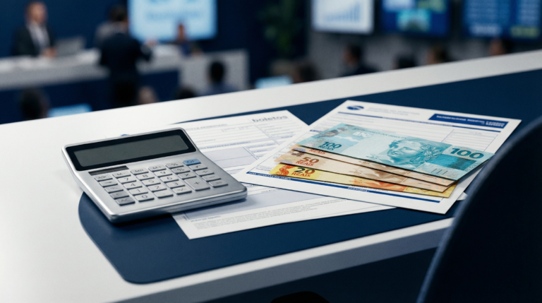 Calculadora, notas de dinheiro brasileiro e boletos de pagamento sobre uma mesa.