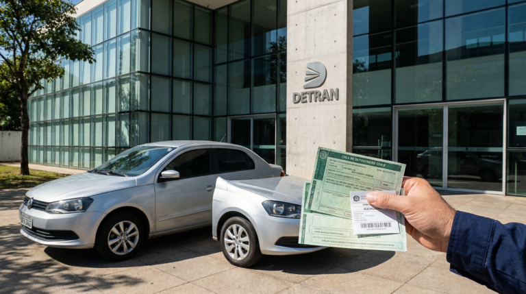 Fachada do Detran com um carro de leilão estacionado e documentos na mão.