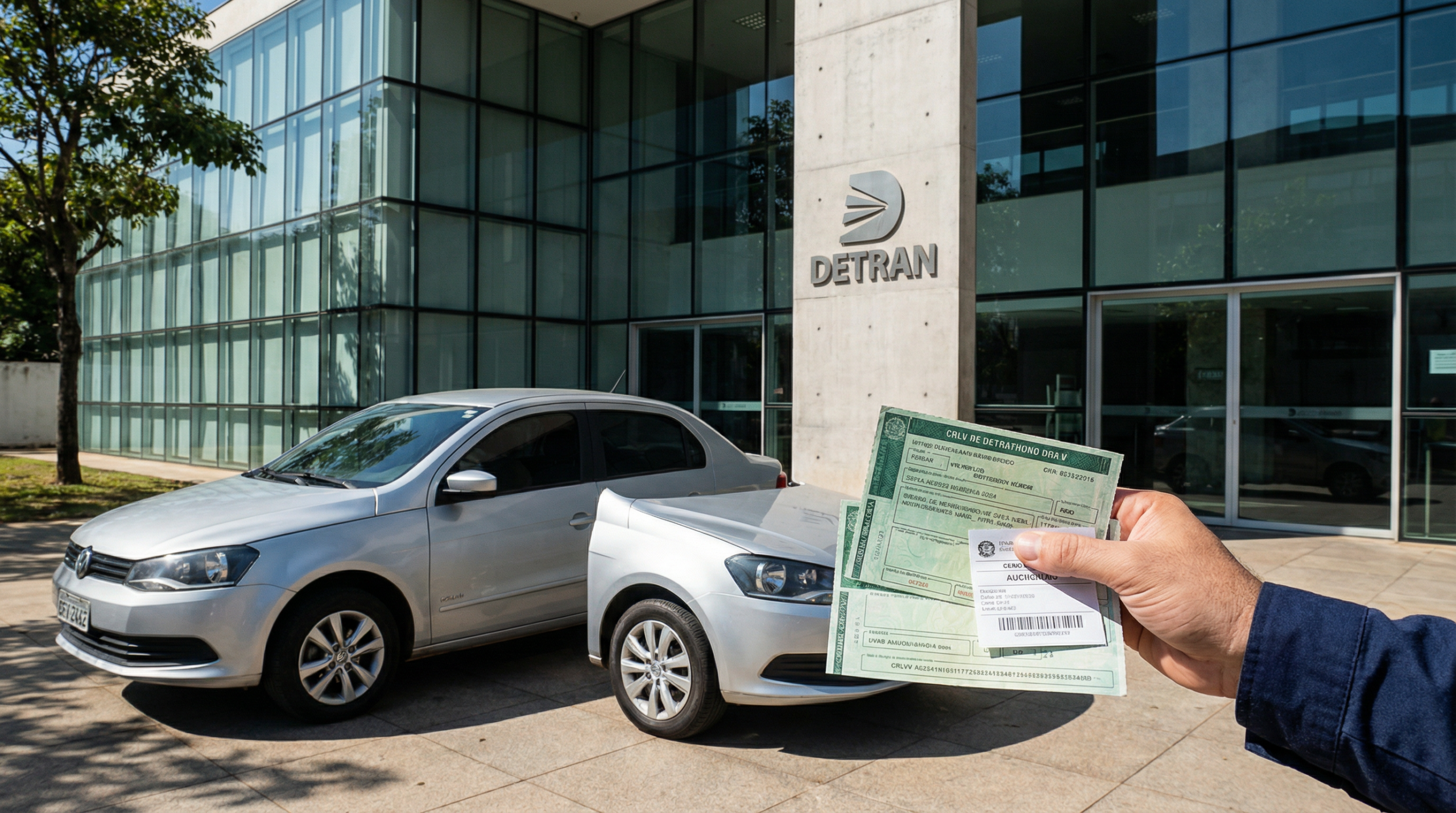 Fachada do Detran com um carro de leilão estacionado e documentos na mão.