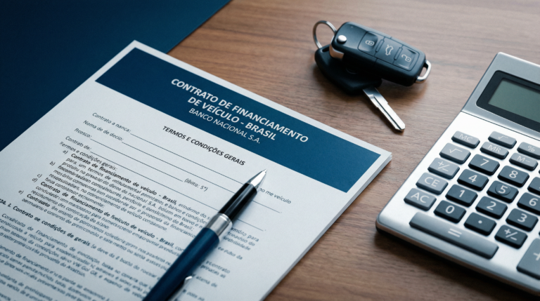 Contrato de financiamento de veículo, com chaves e calculadora ao lado.