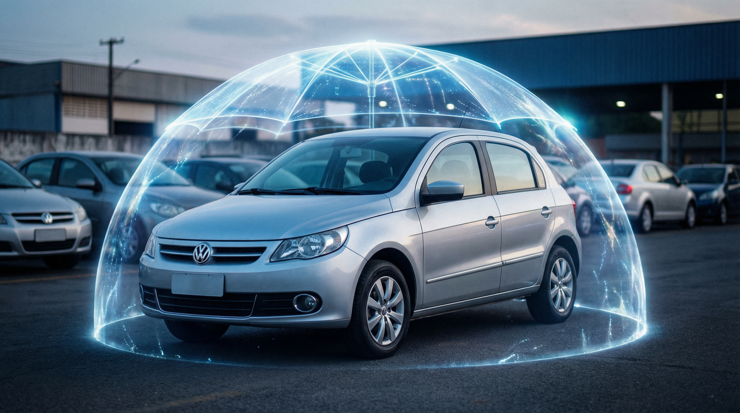 Carro popular prateado em pátio de leilão, protegido por um escudo de energia azul brilhante em forma de guarda-chuva, simbolizando seguro e proteção.
