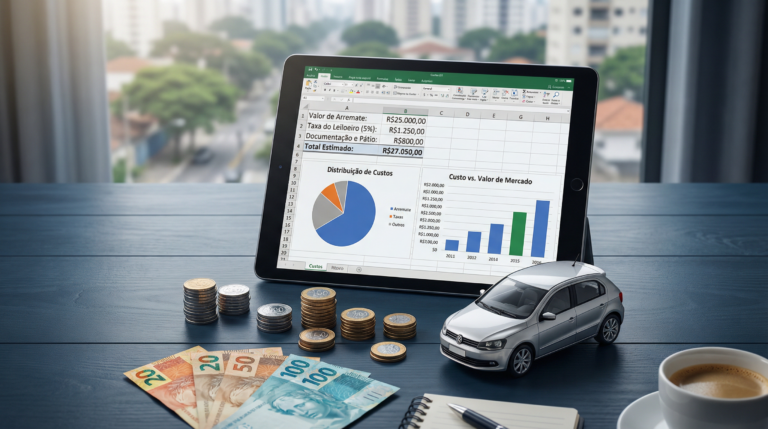 Planilha de custos de leilão em um tablet, com moedas, notas e uma miniatura de carro.