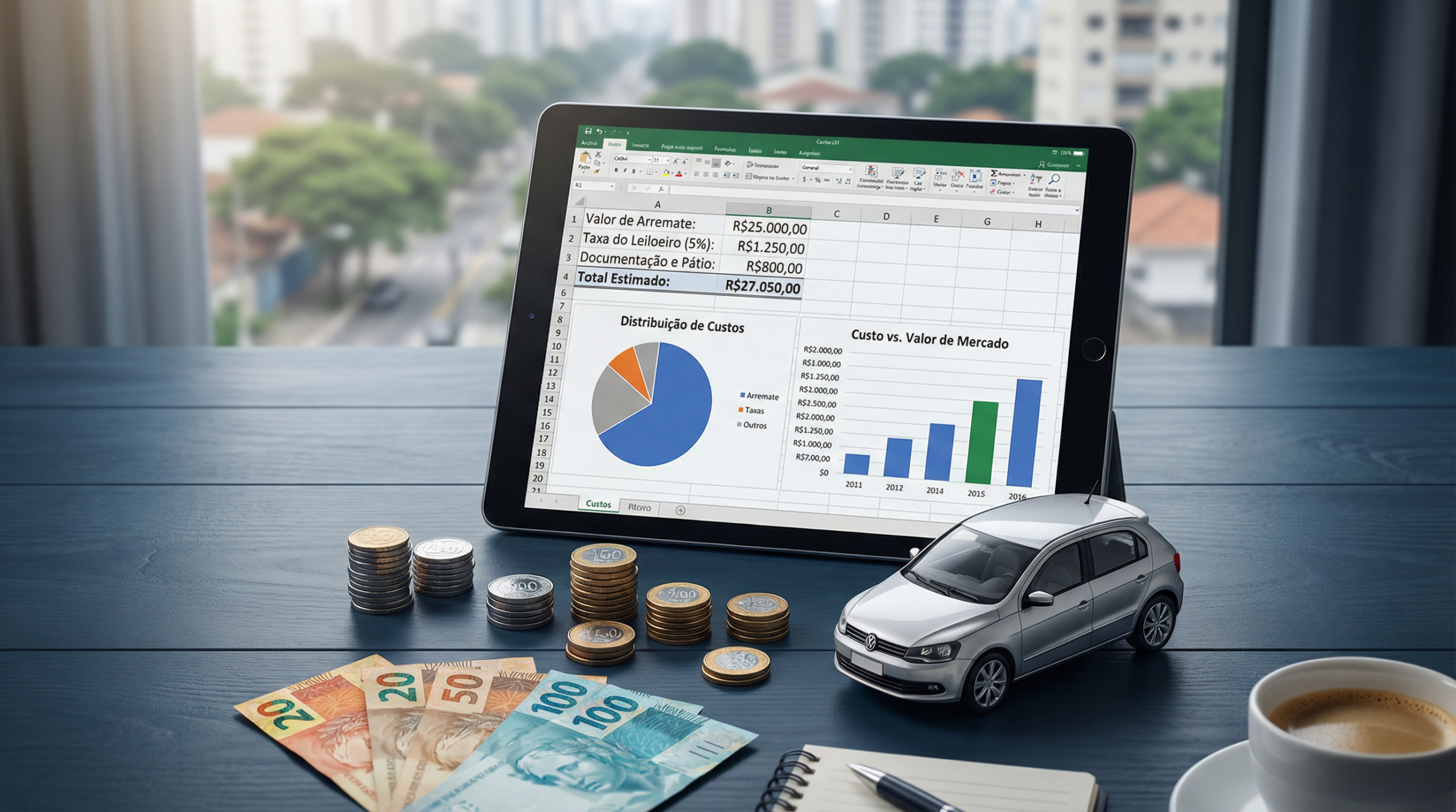 Planilha de custos de leilão em um tablet, com moedas, notas e uma miniatura de carro.