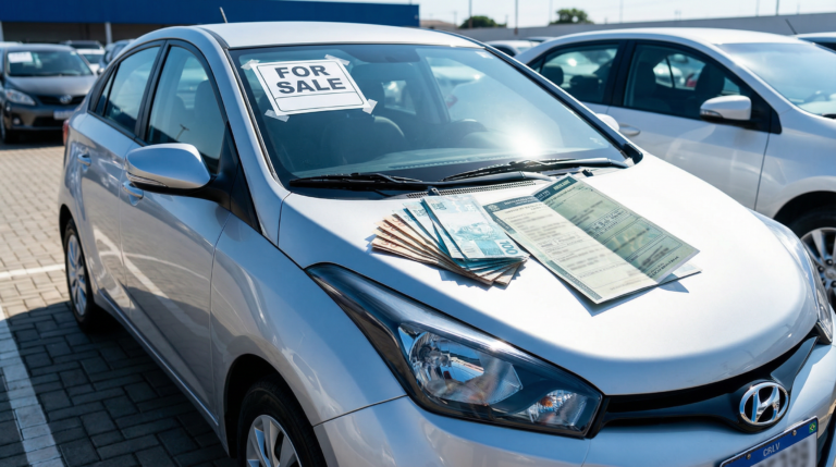 Carro com placa de vende-se, notas de dinheiro, conceito de lucro/negócio