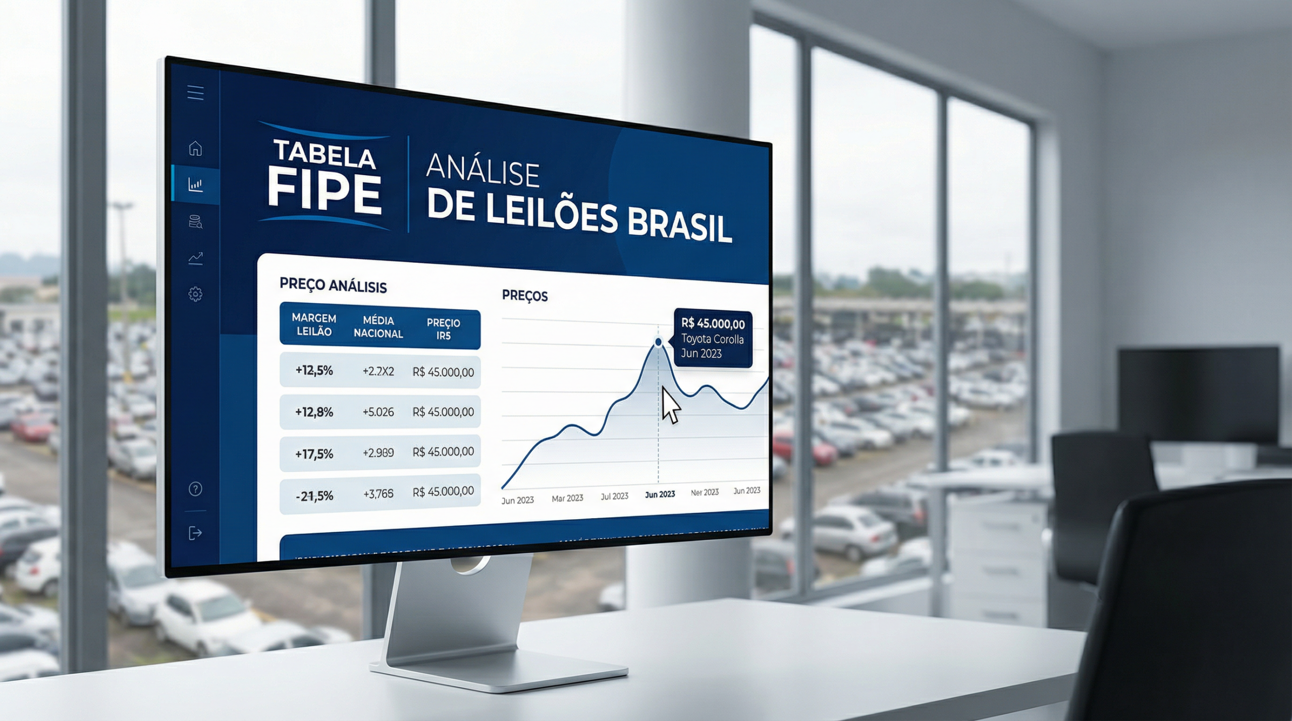Tela de computador exibindo análise da Tabela FIPE para leilões de veículos, com um pátio de leilões ao fundo.