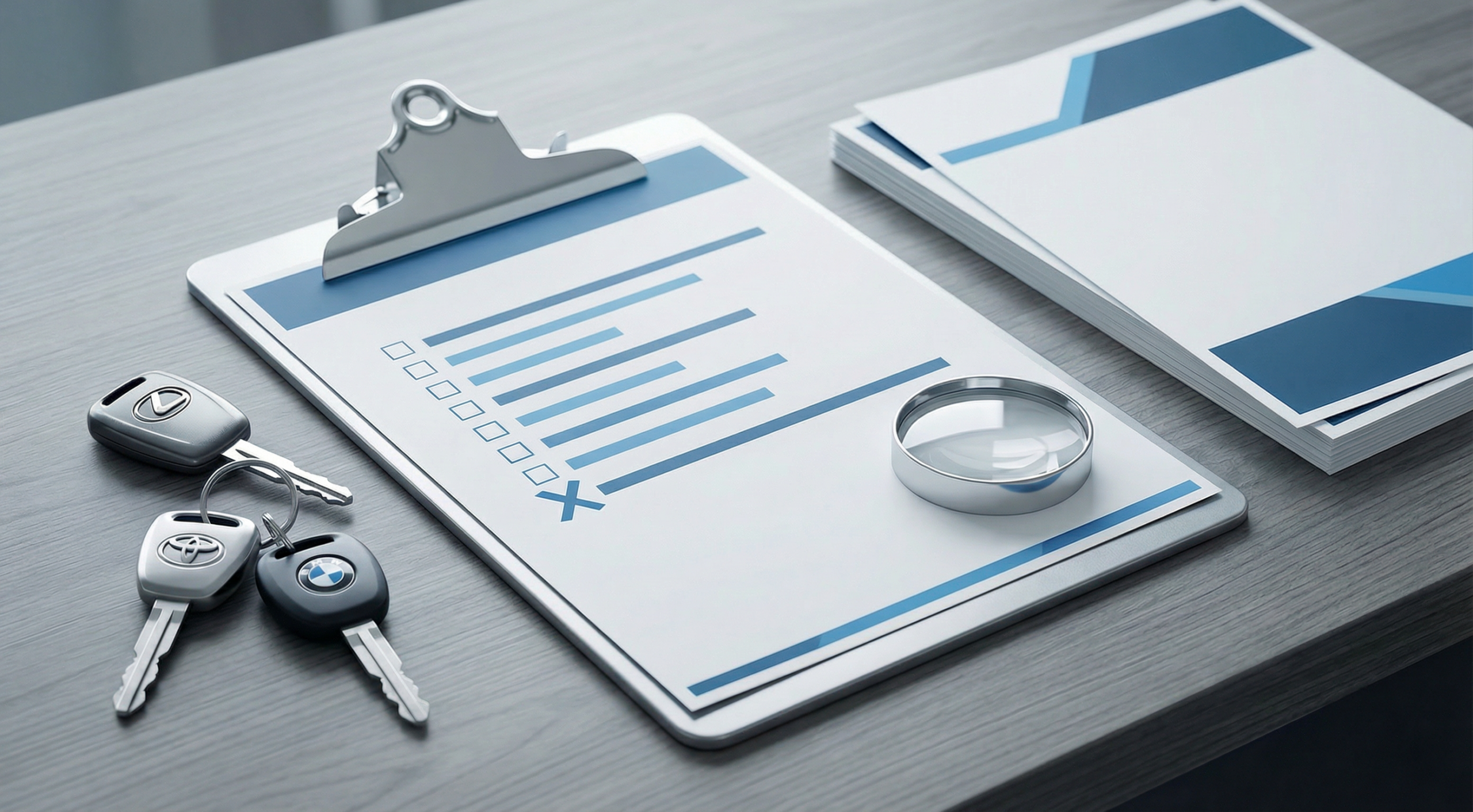 Prancheta com checklist, chaves de carro, lupa e documentos sobre uma mesa, representando a preparação para um leilão de veículos.