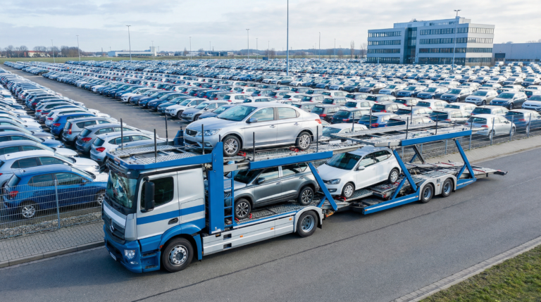 Caminhão cegonha sendo carregado com carros em um pátio de leilão de veículos, representando a logística de transporte.