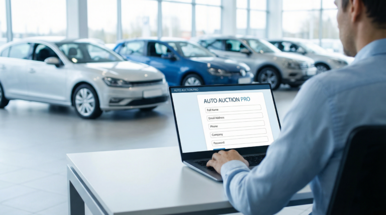 Pessoa usando computador para se cadastrar em site de leilão de veículos, com carros ao fundo.