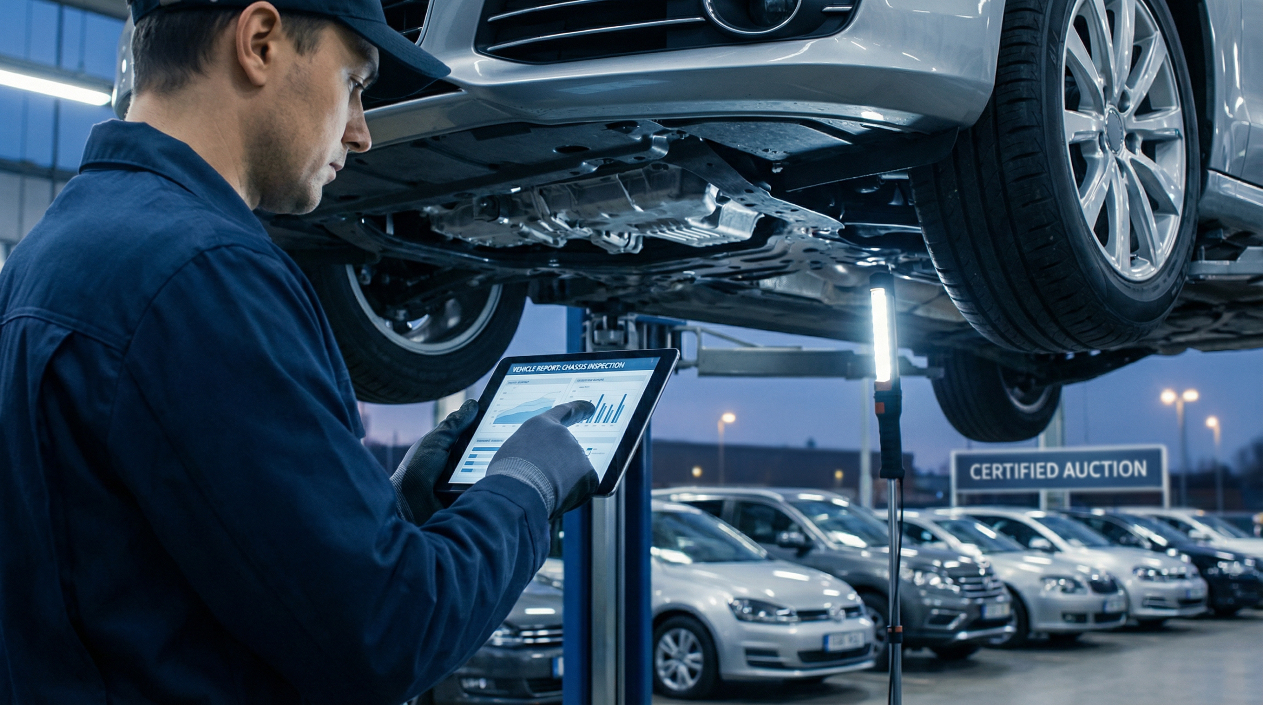Mecânico profissional inspecionando o chassi de um carro com um tablet digital em um pátio de leilão de veículos.