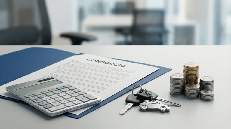 Mesa com contrato de consórcio, calculadora, chaves de carro e moedas, representando planejamento para compra de veículo.