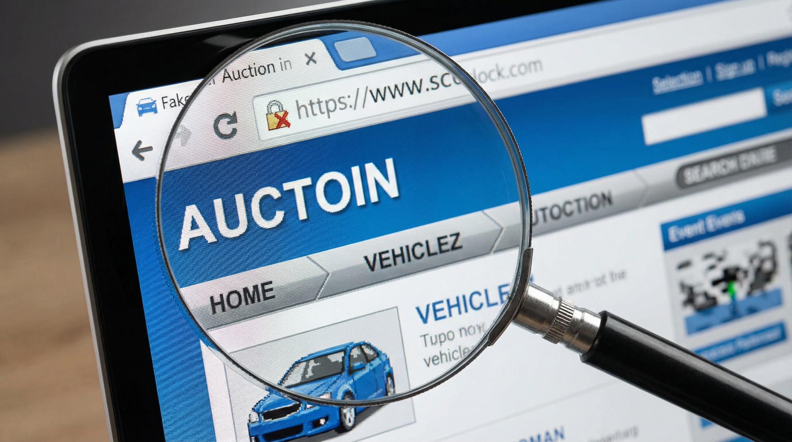 Tela de computador exibindo um site de leilão falso, com uma lupa destacando sinais de fraude para alertar sobre golpes.