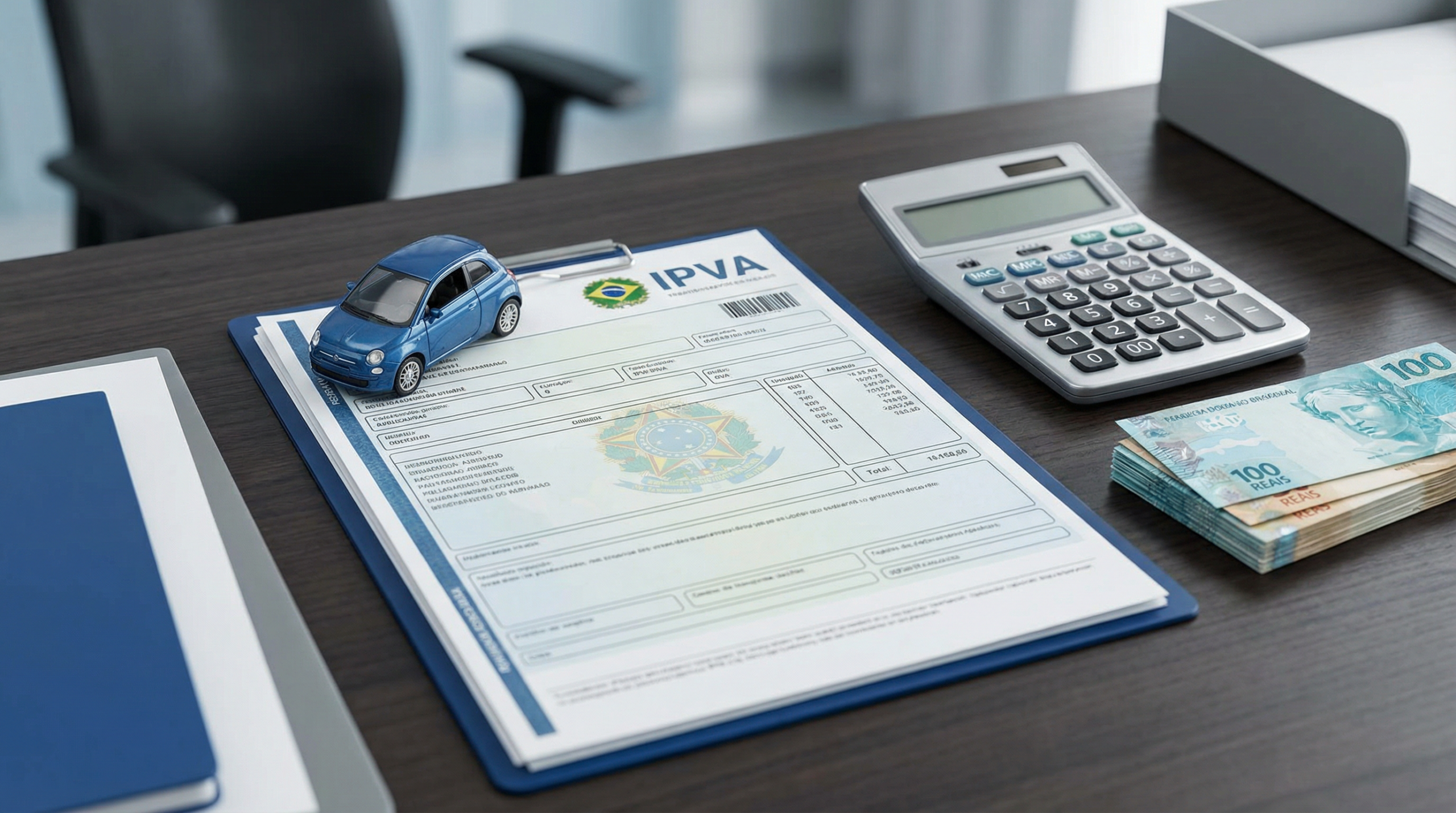 Documento de IPVA sobre uma mesa de escritório, com uma calculadora, notas de real e a miniatura de um carro azul.