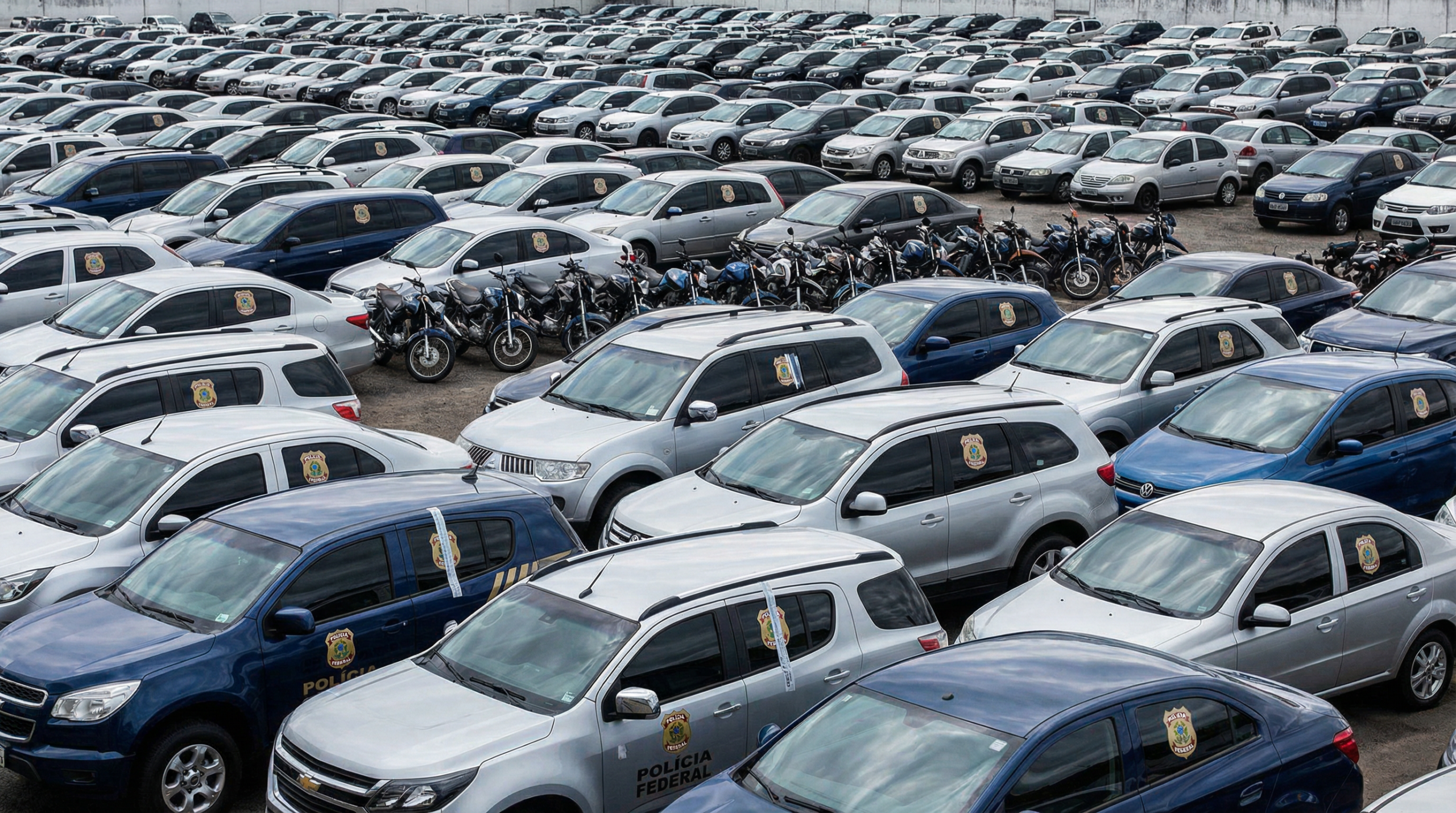 Pátio de leilão com carros e motos da Polícia Federal e Receita Federal enfileirados para arrematação.