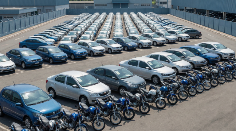 Pátio de leilão de veículos do Detran com carros e motos enfileirados para arrematação em ambiente organizado.