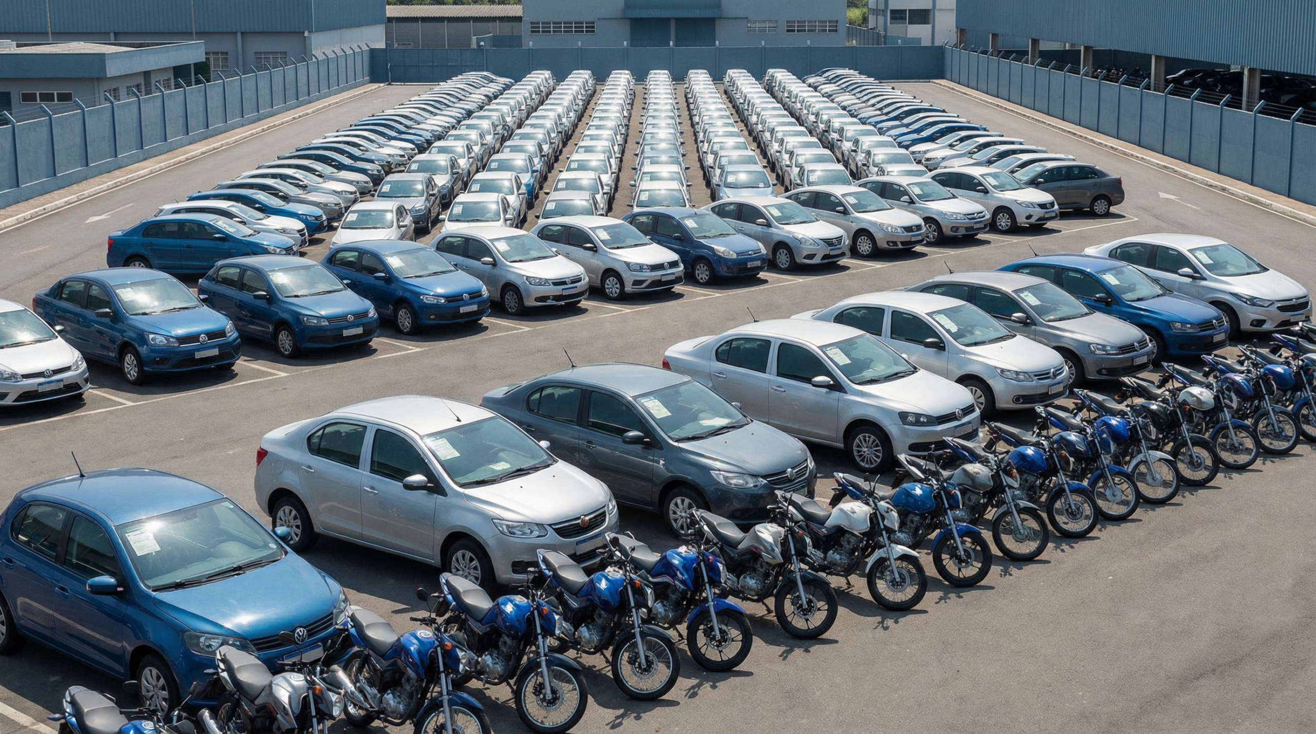 Pátio de leilão de veículos do Detran com carros e motos enfileirados para arrematação em ambiente organizado.