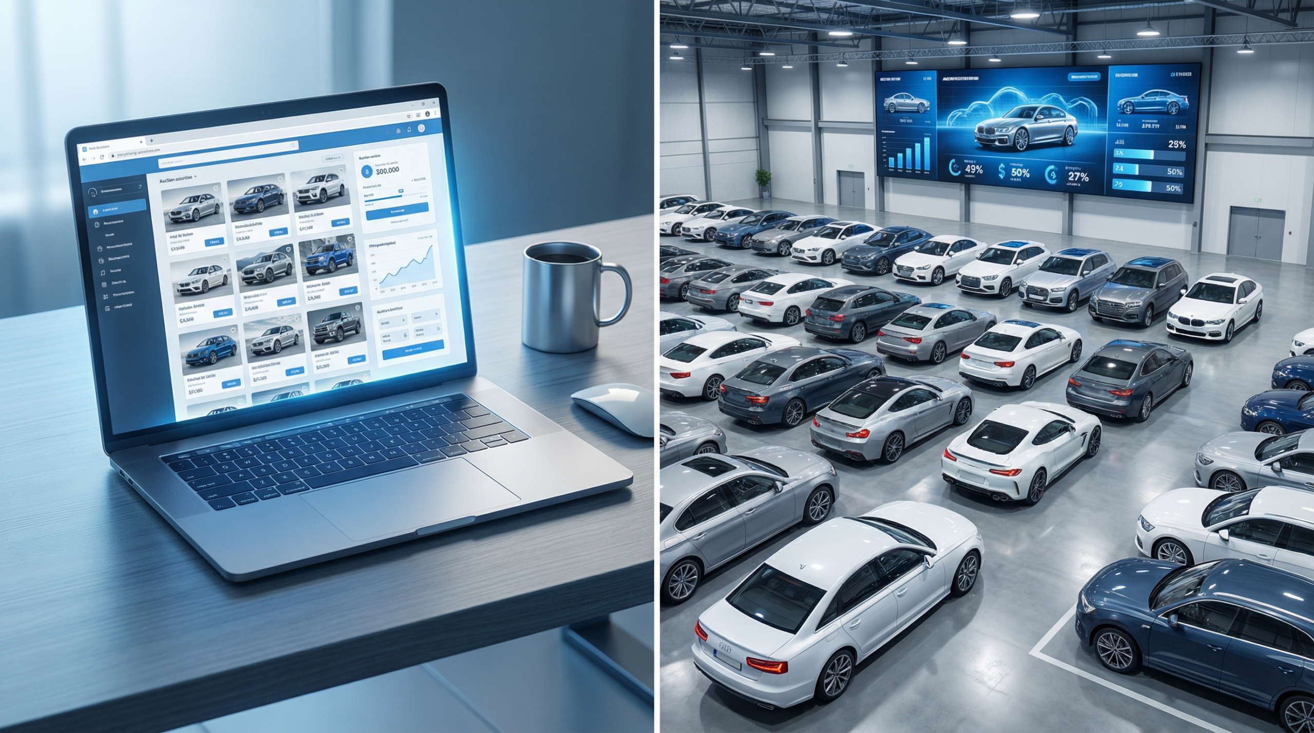 Comparativo entre leilão de veículos online em um laptop e um leilão presencial em um grande salão com vários carros.
