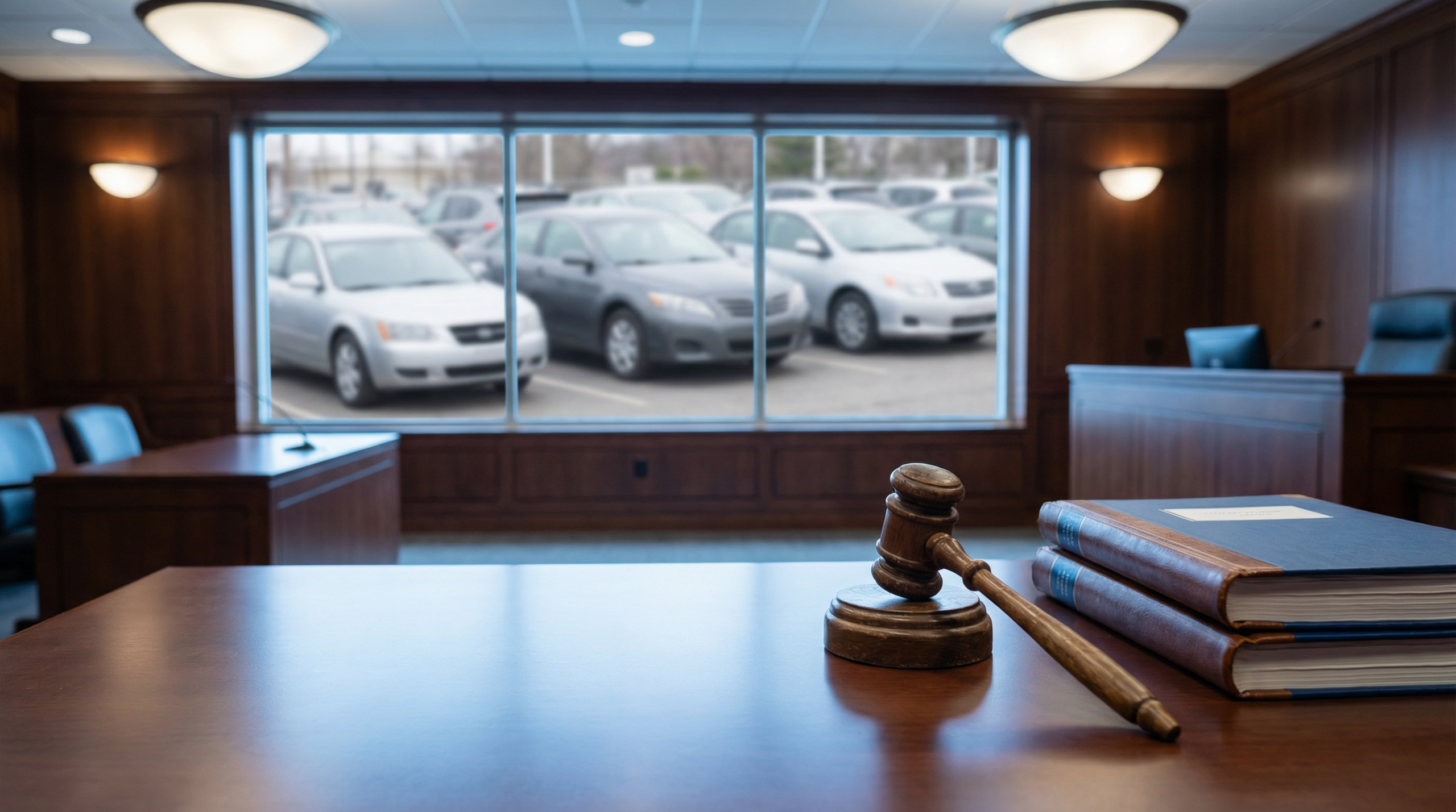 Sala de tribunal com martelo de juiz e documentos, com carros de leilão vistos pela janela ao fundo.