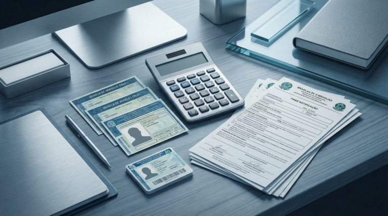 Mesa com notificações de multas de trânsito, documento do veículo e calculadora, representando débitos em veículos de leilão.