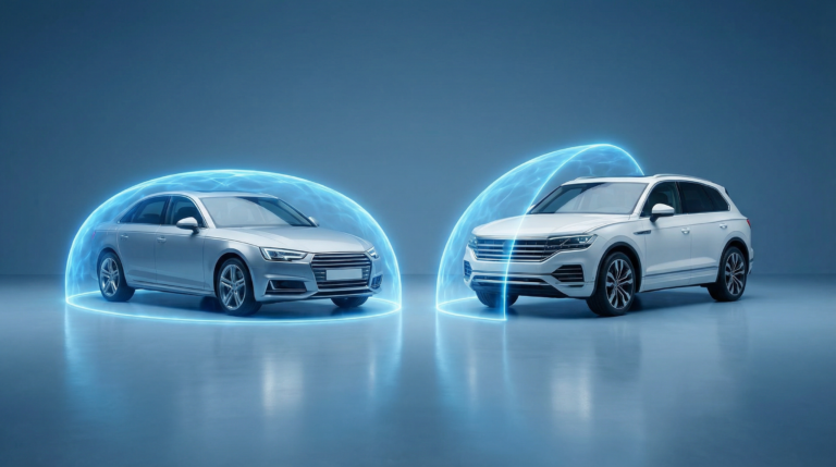 Dois carros lado a lado, um com um escudo de proteção completo e outro com um escudo parcial, representando a diferença entre seguro compreensivo e para terceiros.