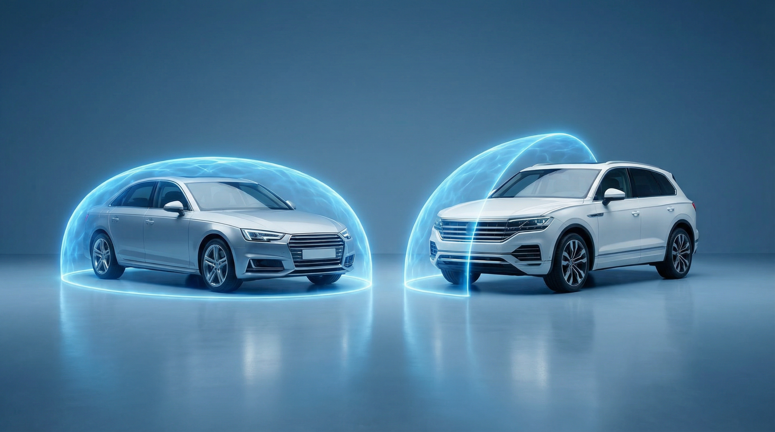 Dois carros lado a lado, um com um escudo de proteção completo e outro com um escudo parcial, representando a diferença entre seguro compreensivo e para terceiros.